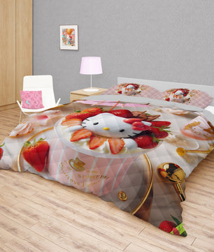 Summer quilt sets - Strawberry Hello Kitty cotton quilting 3D bedroom - Cute quilt and pillowcase - Lusy Store LLC