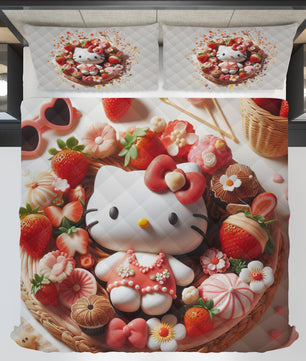 Summer quilt sets - Strawberry Hello Kitty cotton quilting 3D bedroom - Cute quilt and pillowcase - Lusy Store LLC