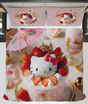 Summer quilt sets - Strawberry Hello Kitty cotton quilting 3D bedroom - Cute quilt and pillowcase - Lusy Store LLC