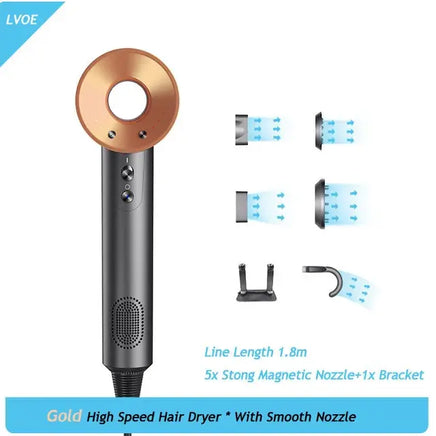 Electric Hair Dryer High Speed Blow Gold 5 Nozzles