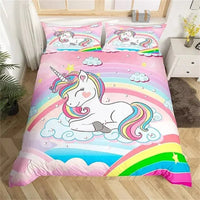 Unicorn Duvet Cover Cute Cartoon Bedding Set Rainbow Stripes Animals Girls Gifts for Bedroom Decorations - Lusy Store LLC
