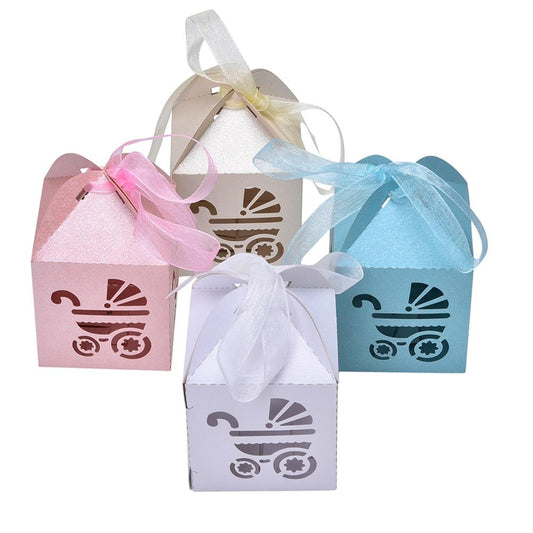 10Pcs Carriage Shape Party Gift Holder Baby Shower Candy Boxes With Ribbon Shower - Lusy Store