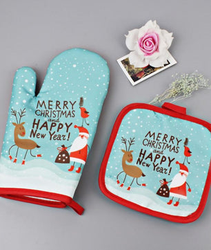 1Set Oven Mitts Christmas Baking Anti-Hot Gloves And Pad Oven And Microwave Insulation Mat For Home Xmas Party - Lusy Store
