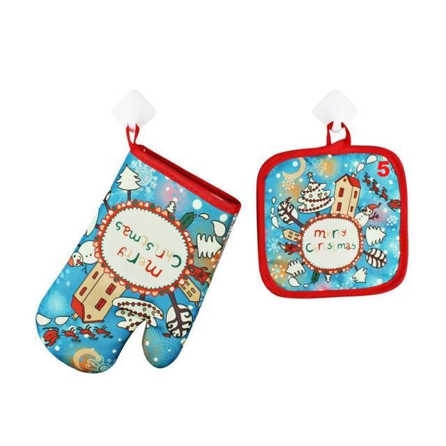 1Set Oven Mitts Christmas Baking Anti-Hot Gloves And Pad Oven And Microwave Insulation Mat For Home Xmas Party - Lusy Store