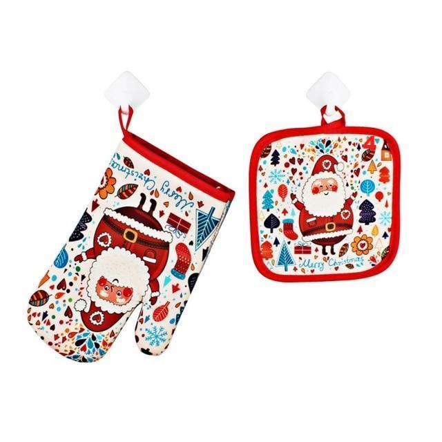 1Set Oven Mitts Christmas Baking Anti-Hot Gloves And Pad Oven And Microwave Insulation Mat For Home Xmas Party - Lusy Store