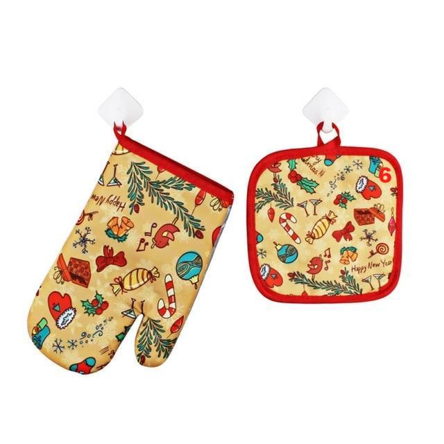 1Set Oven Mitts Christmas Baking Anti-Hot Gloves And Pad Oven And Microwave Insulation Mat For Home Xmas Party - Lusy Store