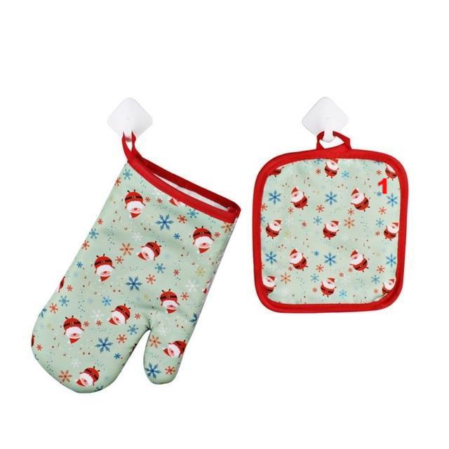 1Set Oven Mitts Christmas Baking Anti-Hot Gloves And Pad Oven And Microwave Insulation Mat For Home Xmas Party - Lusy Store