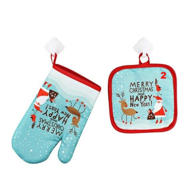 1Set Oven Mitts Christmas Baking Anti-Hot Gloves And Pad Oven And Microwave Insulation Mat For Home Xmas Party - Lusy Store