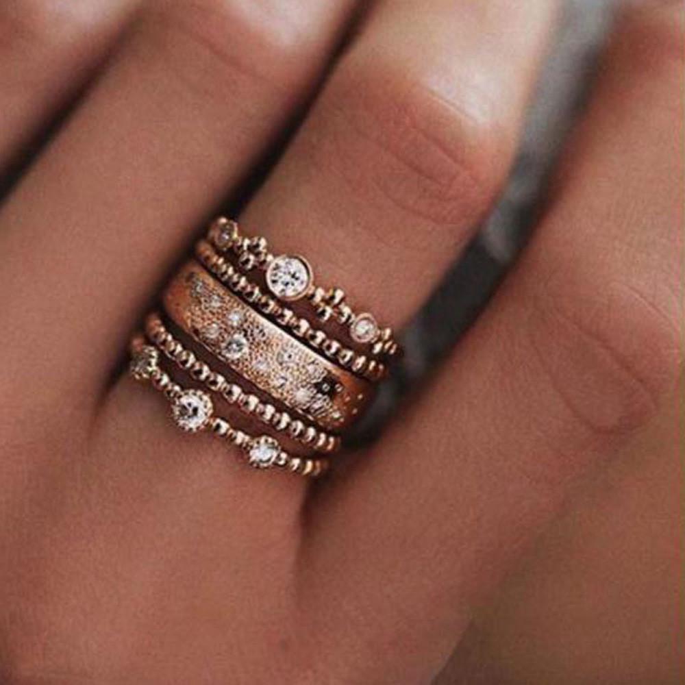 5pcs Punk Style Rose Gold Stackable Ring Midi Finger Knuckle Rings - Lusy Store