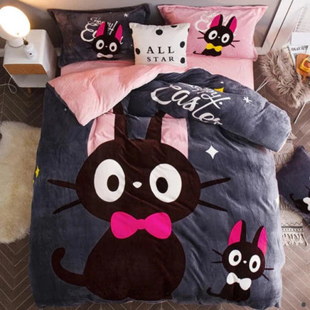 Luxury Flannel Cartoon Pink Cat Bedding Sets Bed Linen Duvet Cover Valentine Cute Kids Bedding Sets Twin/Queen Size Dot Gray