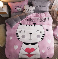 Luxury Flannel Cartoon Pink Cat Bedding Sets Bed Linen Duvet Cover Valentine Cute Kids Bedding Sets Twin/Queen Size Dot Green