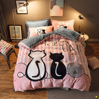 Luxury Flannel Cartoon Pink Cat Bedding Sets Bed Linen Duvet Cover Valentine Cute Kids Bedding Sets Twin/Queen Size Dot Yellow