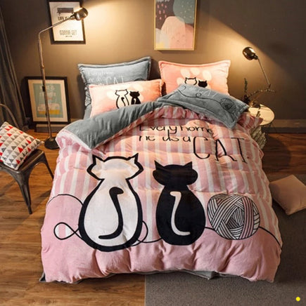 Luxury Flannel Cartoon Pink Cat Bedding Sets Bed Linen Duvet Cover Valentine Cute Kids Bedding Sets Twin/Queen Size Dot Yellow
