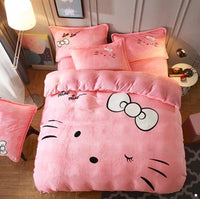 Luxury Flannel Cartoon Pink Cat Bedding Sets Bed Linen Duvet Cover Valentine Cute Kids Bedding Sets Twin/Queen Size Dot White