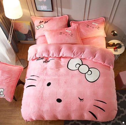Luxury Flannel Cartoon Pink Cat Bedding Sets Bed Linen Duvet Cover Valentine Cute Kids Bedding Sets Twin/Queen Size Dot White