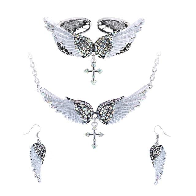 Angel Wing Cross Necklace Earrings Bracelet Set Women Biker Jewelry - Lusy Store