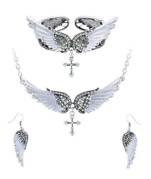 Angel Wing Cross Necklace Earrings Bracelet Set Women Biker Jewelry - Lusy Store
