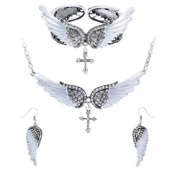 Angel Wing Cross Necklace Earrings Bracelet Set Women Biker Jewelry - Lusy Store