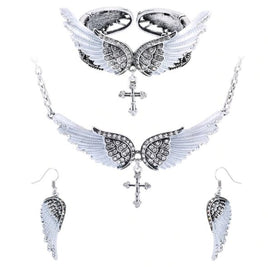 Angel Wing Cross Necklace Earrings Bracelet Set Women Biker Jewelry - Lusy Store