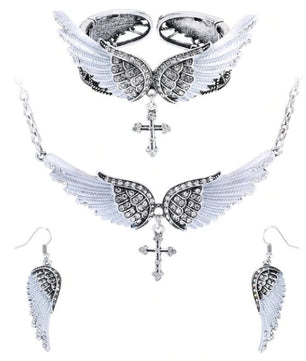 Angel Wing Cross Necklace Earrings Bracelet Set Women Biker Jewelry - Lusy Store