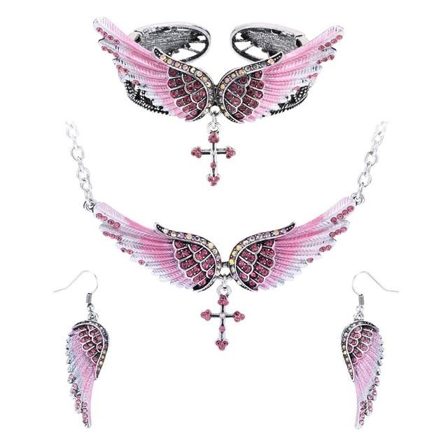 Angel Wing Cross Necklace Earrings Bracelet Set Women Biker Jewelry - Lusy Store