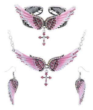 Angel Wing Cross Necklace Earrings Bracelet Set Women Biker Jewelry - Lusy Store
