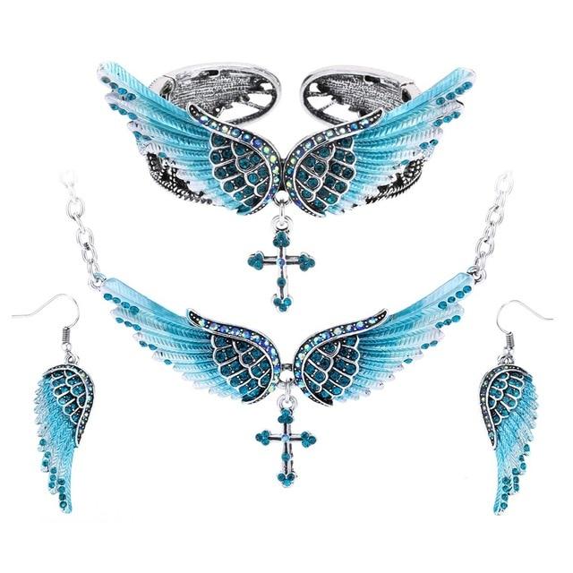 Angel Wing Cross Necklace Earrings Bracelet Set Women Biker Jewelry - Lusy Store