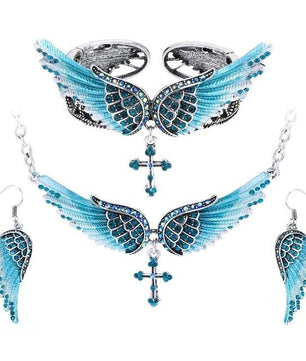 Angel Wing Cross Necklace Earrings Bracelet Set Women Biker Jewelry - Lusy Store
