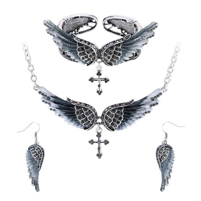 Angel Wing Cross Necklace Earrings Bracelet Set Women Biker Jewelry - Lusy Store