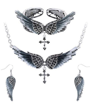 Angel Wing Cross Necklace Earrings Bracelet Set Women Biker Jewelry - Lusy Store