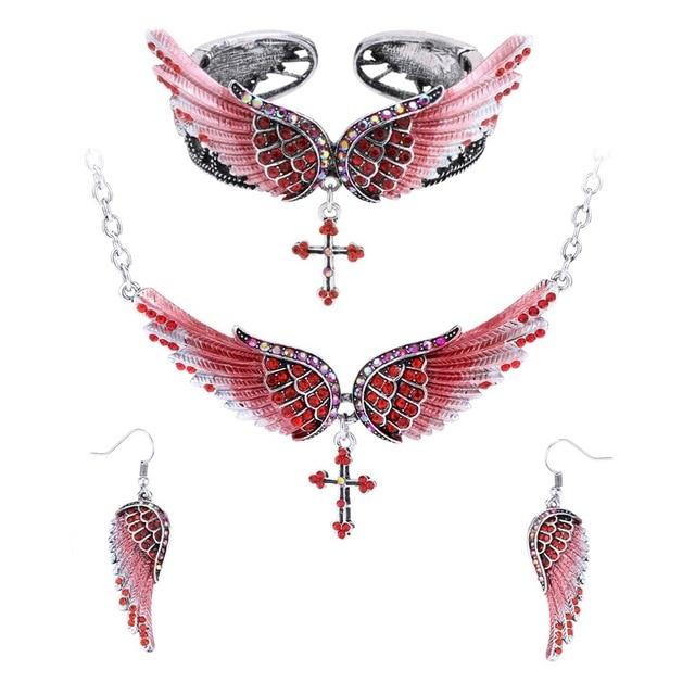 Angel Wing Cross Necklace Earrings Bracelet Set Women Biker Jewelry - Lusy Store
