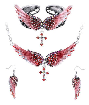 Angel Wing Cross Necklace Earrings Bracelet Set Women Biker Jewelry - Lusy Store