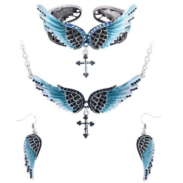 Angel Wing Cross Necklace Earrings Bracelet Set Women Biker Jewelry - Lusy Store