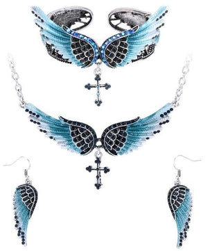 Angel Wing Cross Necklace Earrings Bracelet Set Women Biker Jewelry - Lusy Store