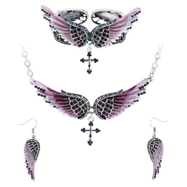 Angel Wing Cross Necklace Earrings Bracelet Set Women Biker Jewelry - Lusy Store