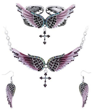 Angel Wing Cross Necklace Earrings Bracelet Set Women Biker Jewelry - Lusy Store