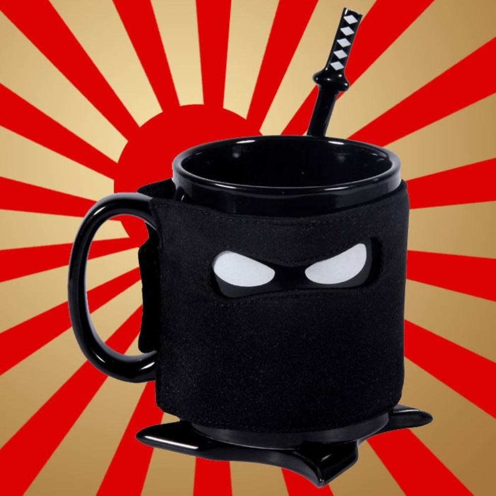 Assassinate Caffeine Cravings Ninja Mug Black Mask Ceramic Mug with Spoon Sword and Shuriken Coaster - Lusy Store
