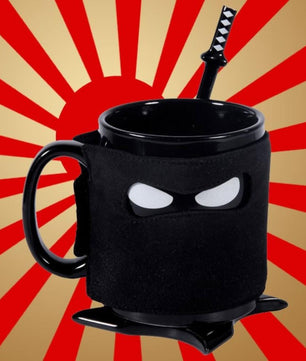 Assassinate Caffeine Cravings Ninja Mug Black Mask Ceramic Mug with Spoon Sword and Shuriken Coaster - Lusy Store