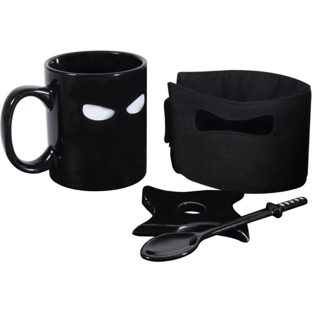 Assassinate Caffeine Cravings Ninja Mug Black Mask Ceramic Mug with Spoon Sword and Shuriken Coaster - Lusy Store