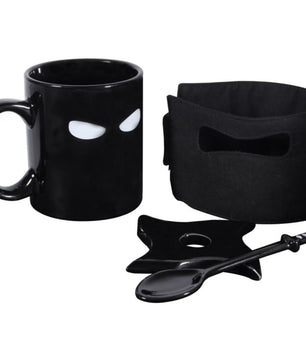 Assassinate Caffeine Cravings Ninja Mug Black Mask Ceramic Mug with Spoon Sword and Shuriken Coaster - Lusy Store
