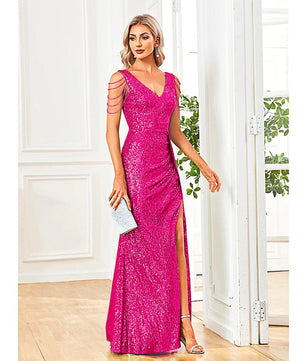 Black Prom Dress Elegant V-Neck Sequins Party Dress Blue Slit Evening Dress Luxury Beading Cocktail Dress D419 - Lusy Store