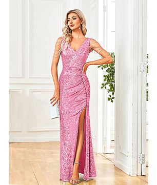 Black Prom Dress Elegant V-Neck Sequins Party Dress Blue Slit Evening Dress Luxury Beading Cocktail Dress D419 - Lusy Store