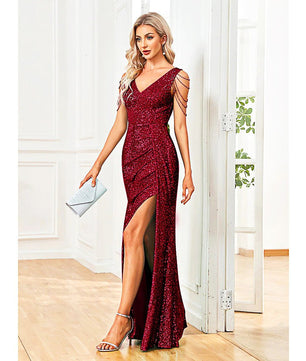 Black Prom Dress Elegant V-Neck Sequins Party Dress Blue Slit Evening Dress Luxury Beading Cocktail Dress D419 - Lusy Store