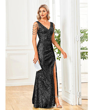 Black Prom Dress Elegant V-Neck Sequins Party Dress Blue Slit Evening Dress Luxury Beading Cocktail Dress D419 - Lusy Store
