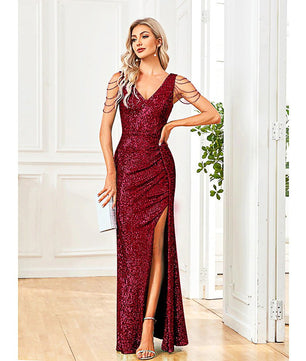 Black Prom Dress Elegant V-Neck Sequins Party Dress Blue Slit Evening Dress Luxury Beading Cocktail Dress D419 - Lusy Store