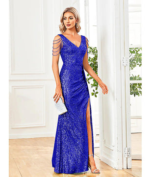 Black Prom Dress Elegant V-Neck Sequins Party Dress Blue Slit Evening Dress Luxury Beading Cocktail Dress D419 - Lusy Store