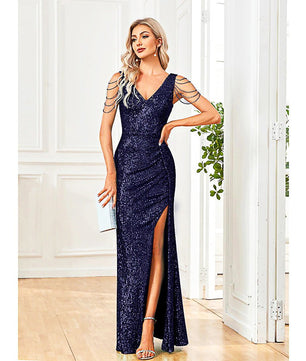 Black Prom Dress Elegant V-Neck Sequins Party Dress Blue Slit Evening Dress Luxury Beading Cocktail Dress D419 - Lusy Store