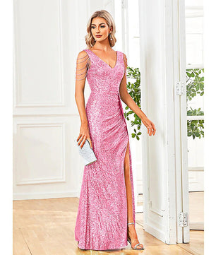 Black Prom Dress Elegant V-Neck Sequins Party Dress Blue Slit Evening Dress Luxury Beading Cocktail Dress D419 - Lusy Store