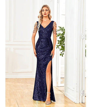 Black Prom Dress Elegant V-Neck Sequins Party Dress Blue Slit Evening Dress Luxury Beading Cocktail Dress D419 - Lusy Store