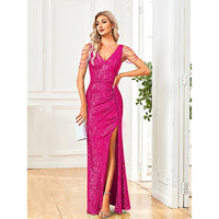 Black Prom Dress Elegant V-Neck Sequins Party Dress Blue Slit Evening Dress Luxury Beading Cocktail Dress D419 - Lusy Store
